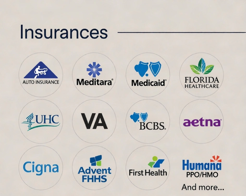 Accepted health insurance providers logos at Anchor Integrative Health in New Smyrna Beach FL including Medicare, Medicaid, BCBS, Aetna, Cigna, and Auto Insurance